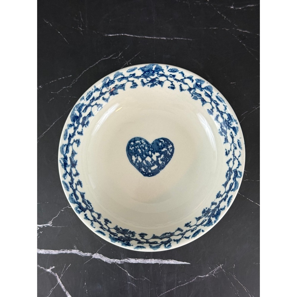 VTG Tienshen Folk Craft Hearts Blue White Spongeware 6.5in Cereal Bowl READ